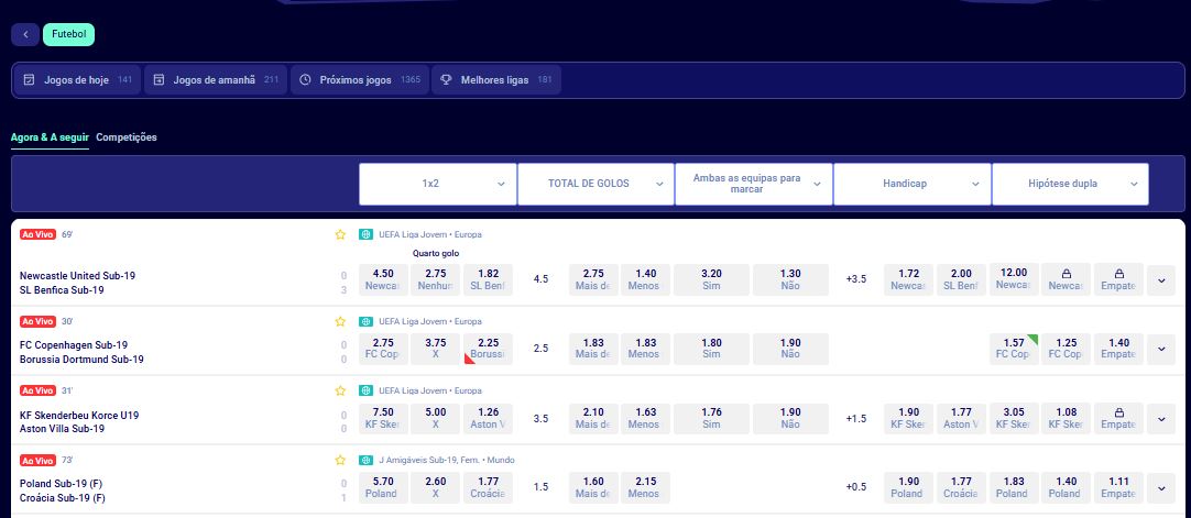 Faça apostas em jogos de futebol ao vivo com odds competitivas e mercados variados